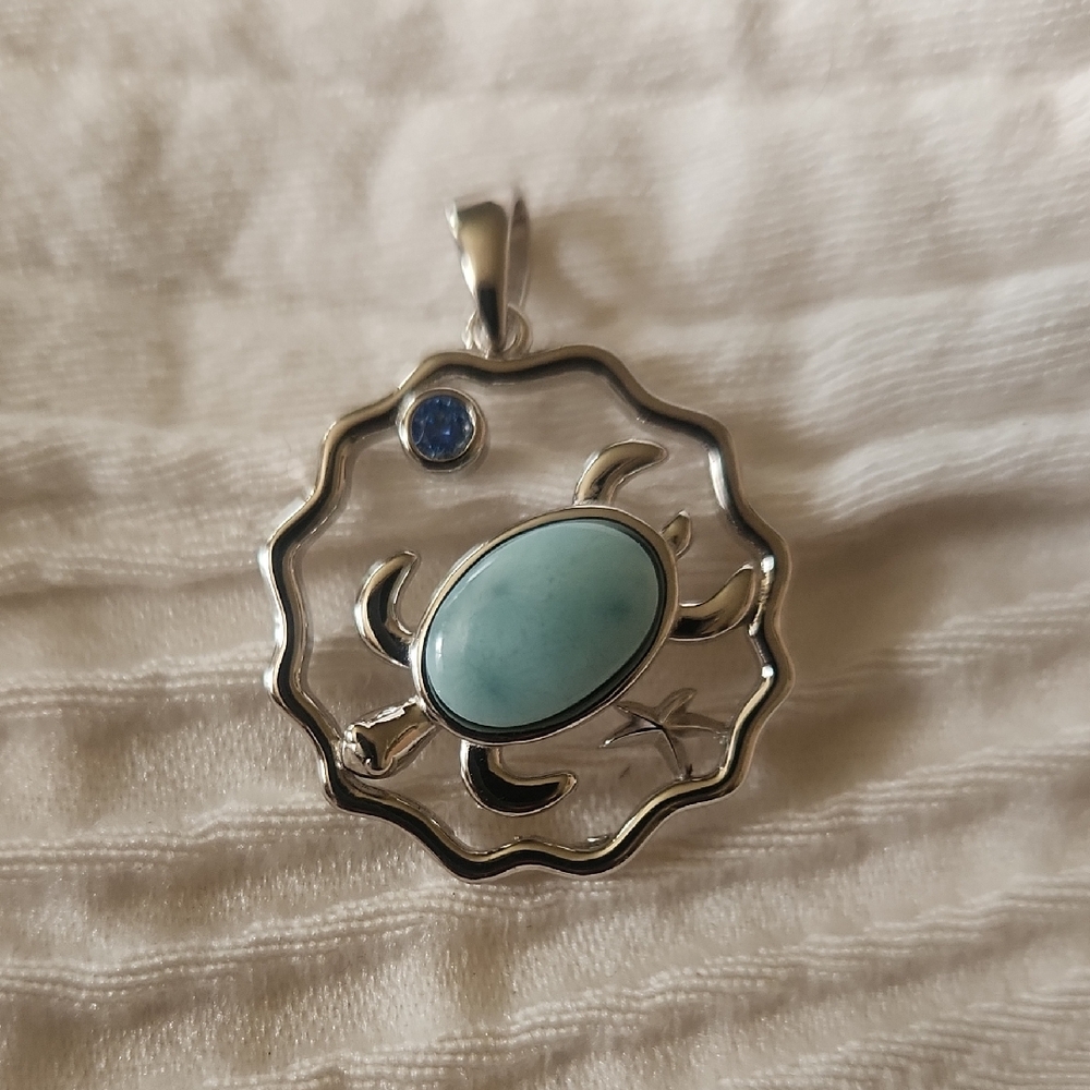 Solid 925 Sterling Silver Larimar/Blue Topaz Crab Pendant